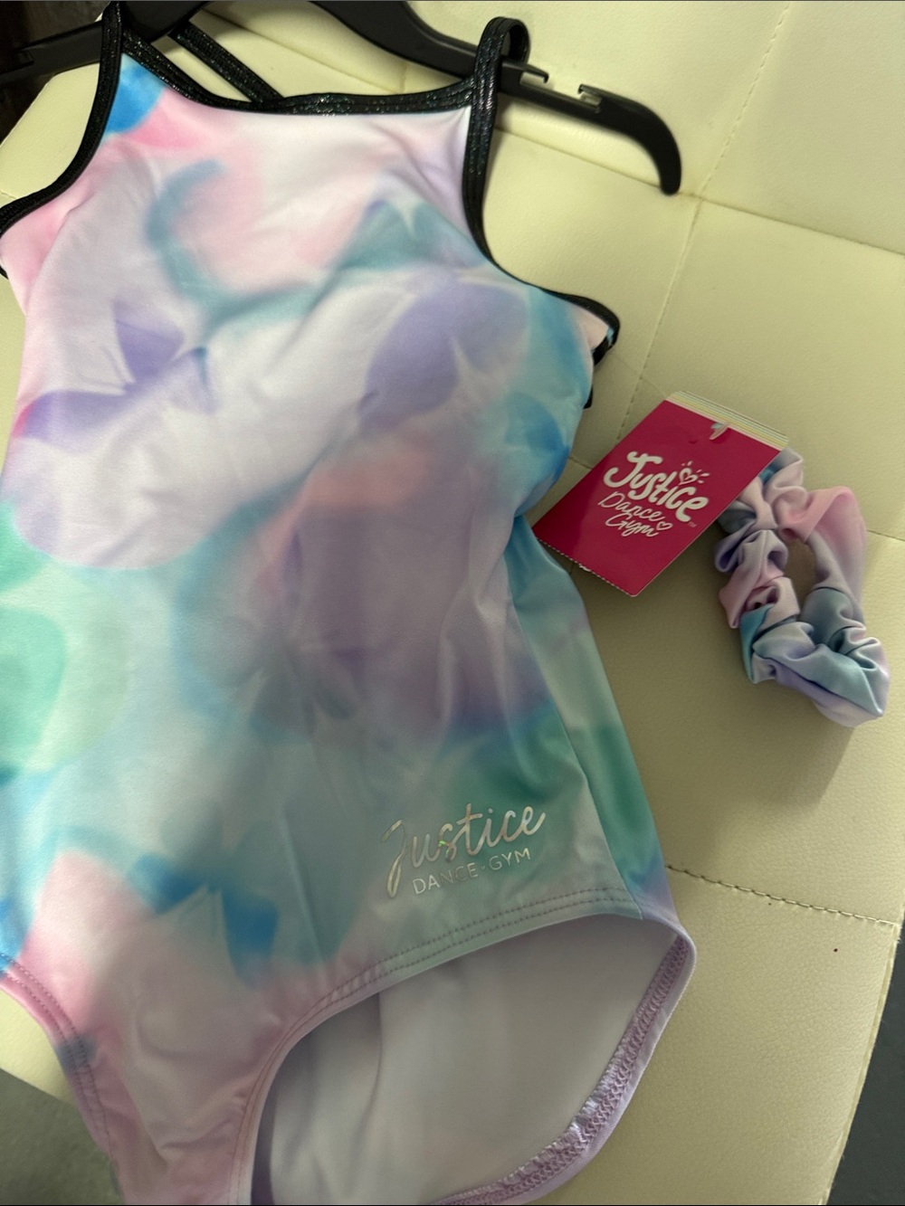 Justice Pastel Watercolor Tank Leotard with Black Trim and Matching Scrunchie